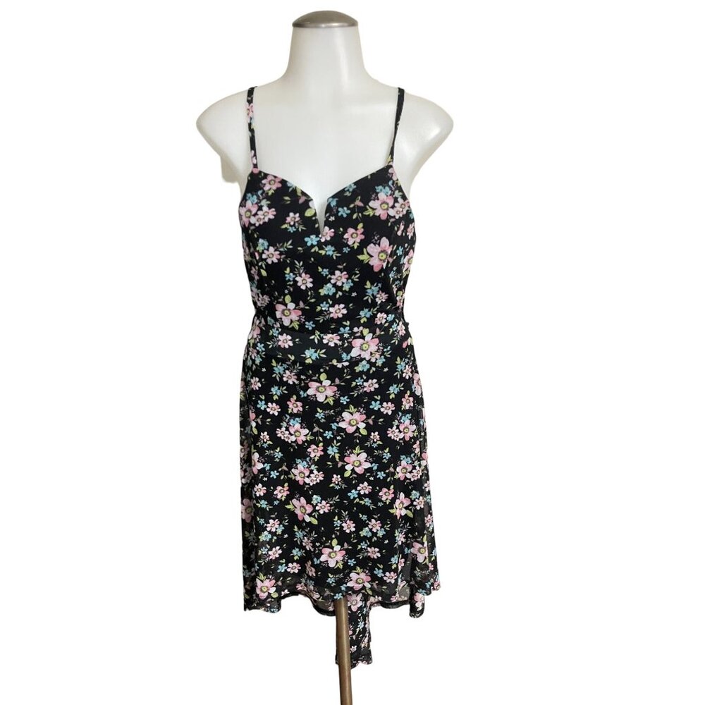 Floral Spaghetti Strap Dress With Lace Back High-Low Hem & Zip Closure‎
